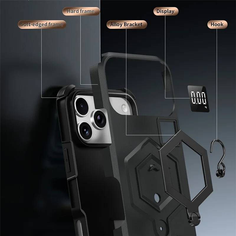 For iPhone 17 Pro Case Hexagonal Kickstand Shockproof TPU PC Matte Phone Cover with Integrated Scale Hook - Black