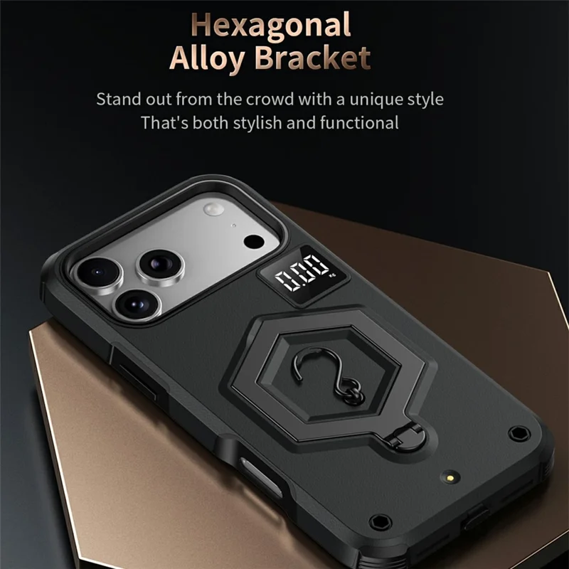 For iPhone 17 Pro Case Hexagonal Kickstand Shockproof TPU PC Matte Phone Cover with Integrated Scale Hook - Black