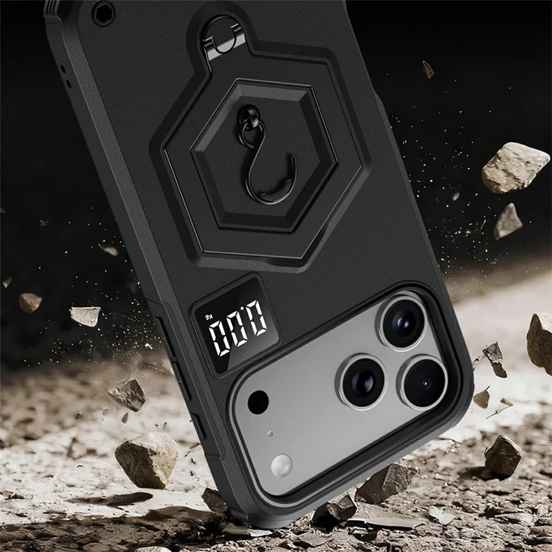For iPhone 17 Pro Case Hexagonal Kickstand Shockproof TPU PC Matte Phone Cover with Integrated Scale Hook - Black