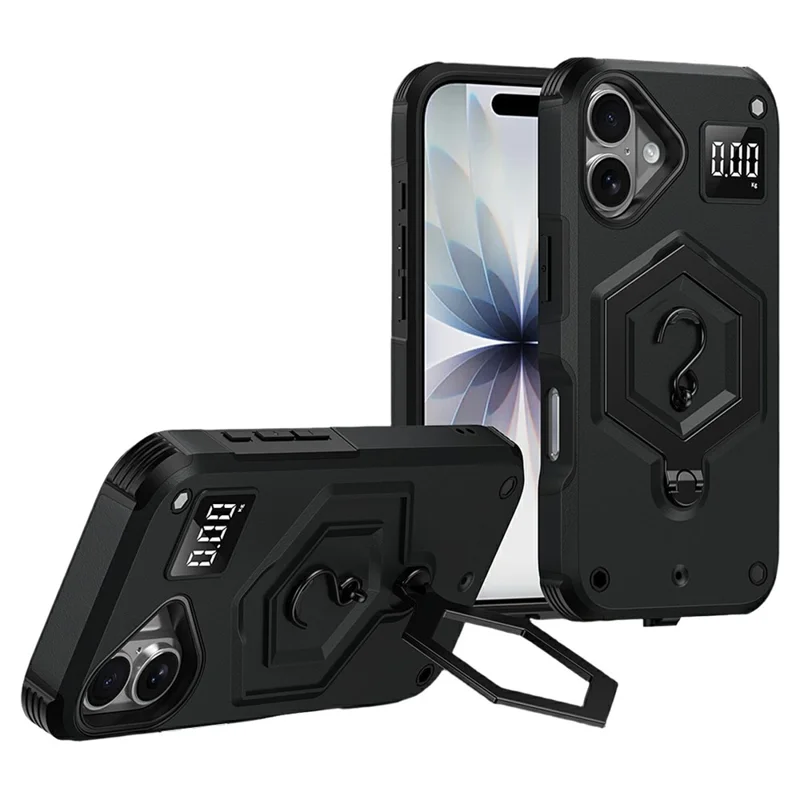 For iPhone 17 Case Hexagonal Kickstand Shockproof TPU PC Matte Phone Cover with Integrated Scale Hook - Black