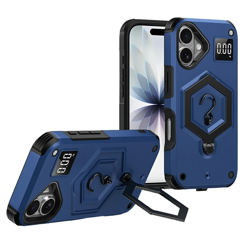 For iPhone 17 Case Hexagonal Kickstand Shockproof TPU PC Matte Phone Cover with Integrated Scale Hook - Blue