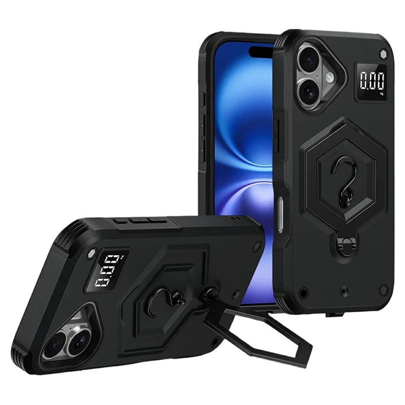 For iPhone 16 Case Hexagonal Kickstand Shockproof TPU PC Matte Phone Cover with Integrated Scale Hook - Black