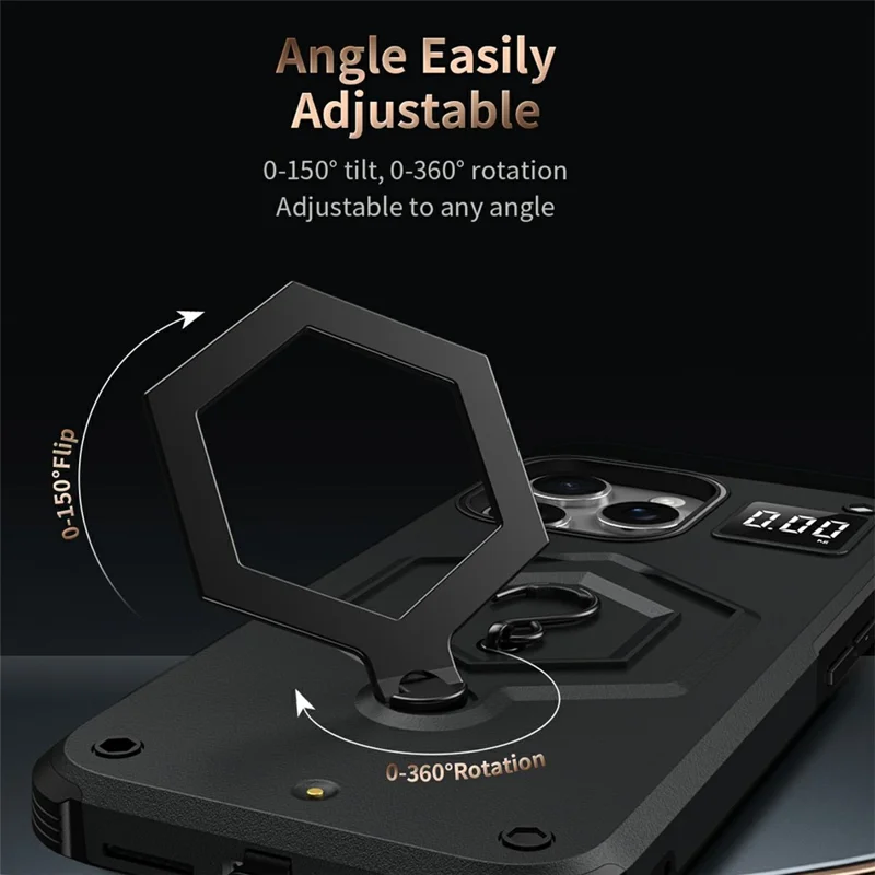 For iPhone 16 Pro Case Hexagonal Kickstand Shockproof TPU PC Matte Phone Cover with Integrated Scale Hook - Black