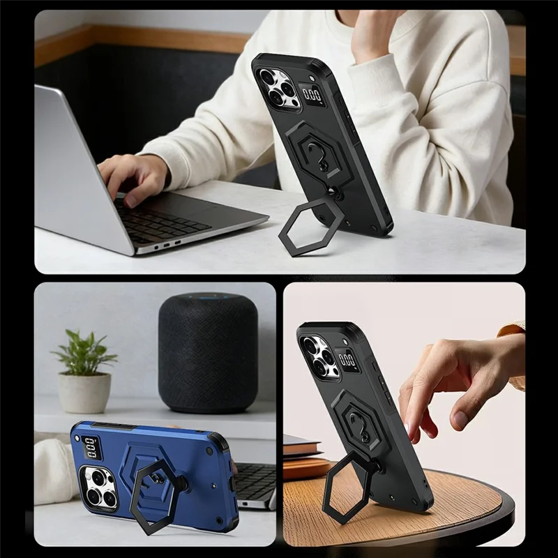 For iPhone 16 Pro Case Hexagonal Kickstand Shockproof TPU PC Matte Phone Cover with Integrated Scale Hook - Black