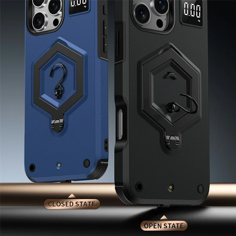 For iPhone 16 Pro Case Hexagonal Kickstand Shockproof TPU PC Matte Phone Cover with Integrated Scale Hook - Black