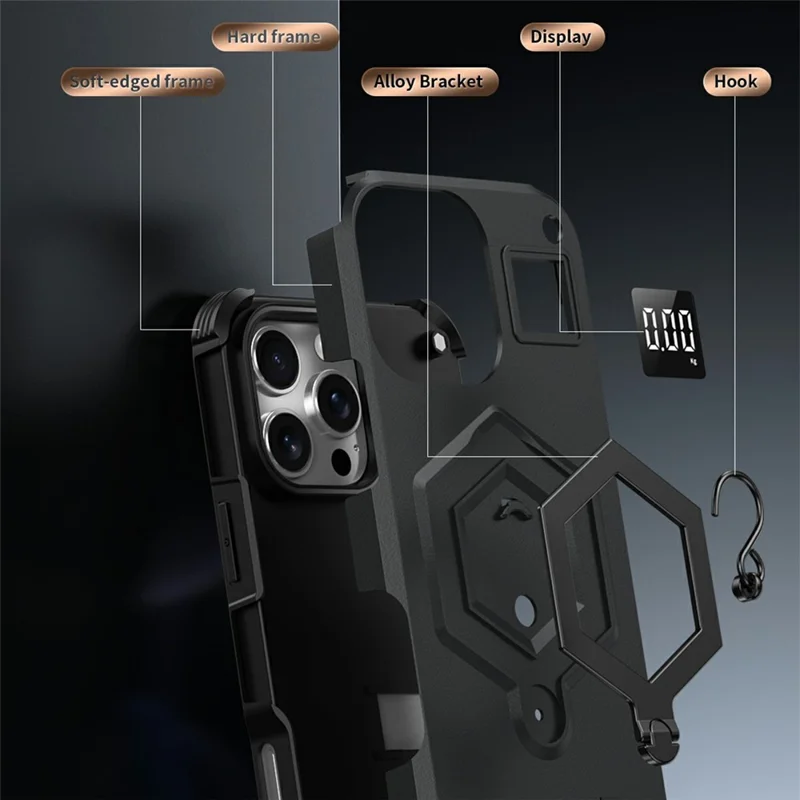 For iPhone 16 Pro Case Hexagonal Kickstand Shockproof TPU PC Matte Phone Cover with Integrated Scale Hook - Black