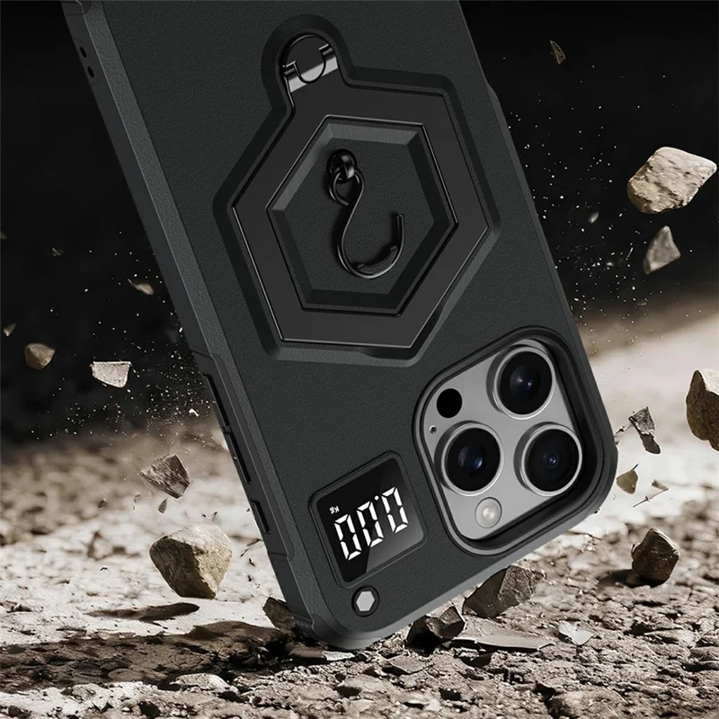 For iPhone 16 Pro Case Hexagonal Kickstand Shockproof TPU PC Matte Phone Cover with Integrated Scale Hook - Black