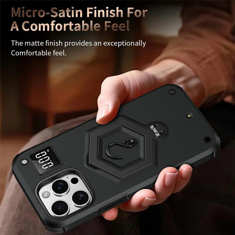 iPhone 16 Pro Max Hülle mit sechseckigem Ständer, stoßfest, TPU PC, matt, mit integrierter Waage und Haken - Schwarz