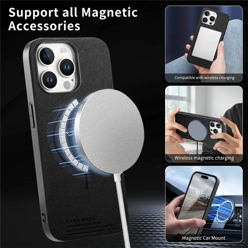 For iPhone 12 Pro Max Magnetic Case Cloth Texture PC + TPU + PU Leather Anti-Scratch Phone Cover Compatible with MagSafe - Black