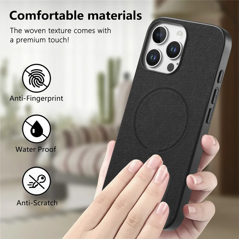 For iPhone 12 Pro Max Magnetic Case Cloth Texture PC + TPU + PU Leather Anti-Scratch Phone Cover Compatible with MagSafe - Black