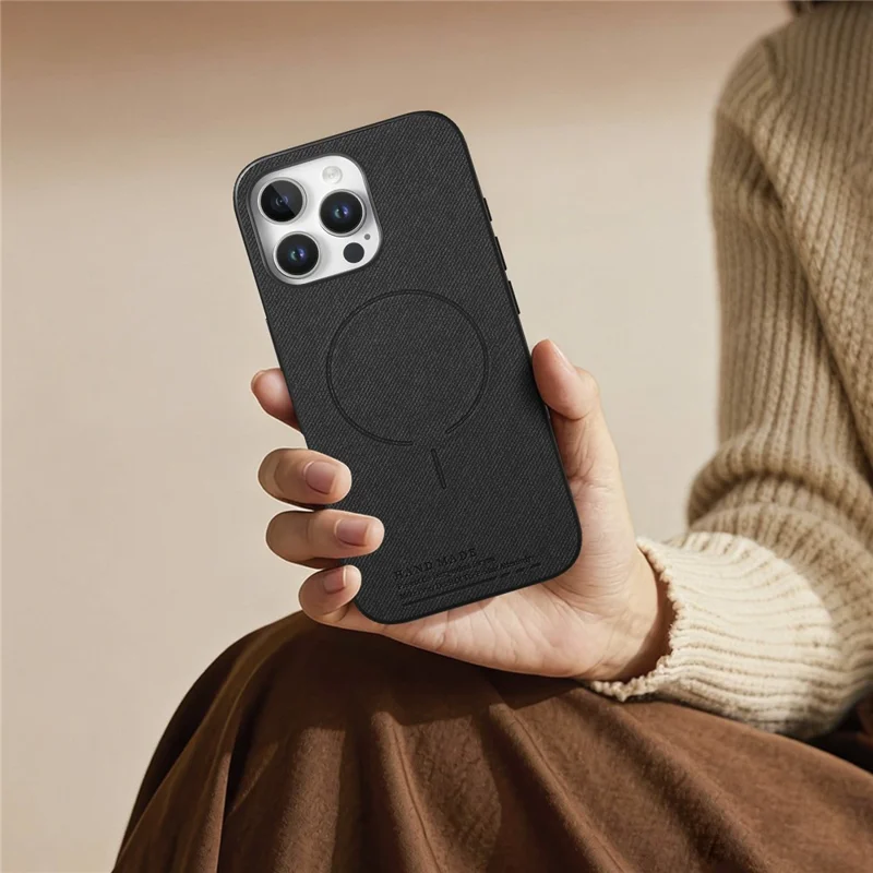 For iPhone 12 Pro Max Magnetic Case Cloth Texture PC + TPU + PU Leather Anti-Scratch Phone Cover Compatible with MagSafe - Black