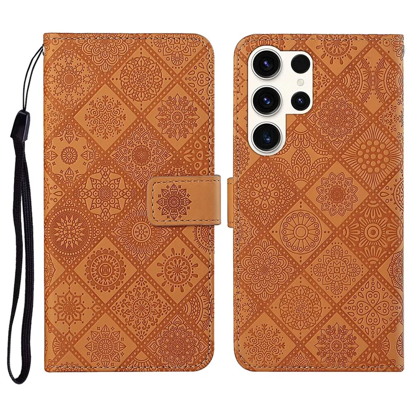 For Samsung Galaxy S26 Ultra Case Leather Case Ethnic Style Wallet Phone Cover with Strap - Brown