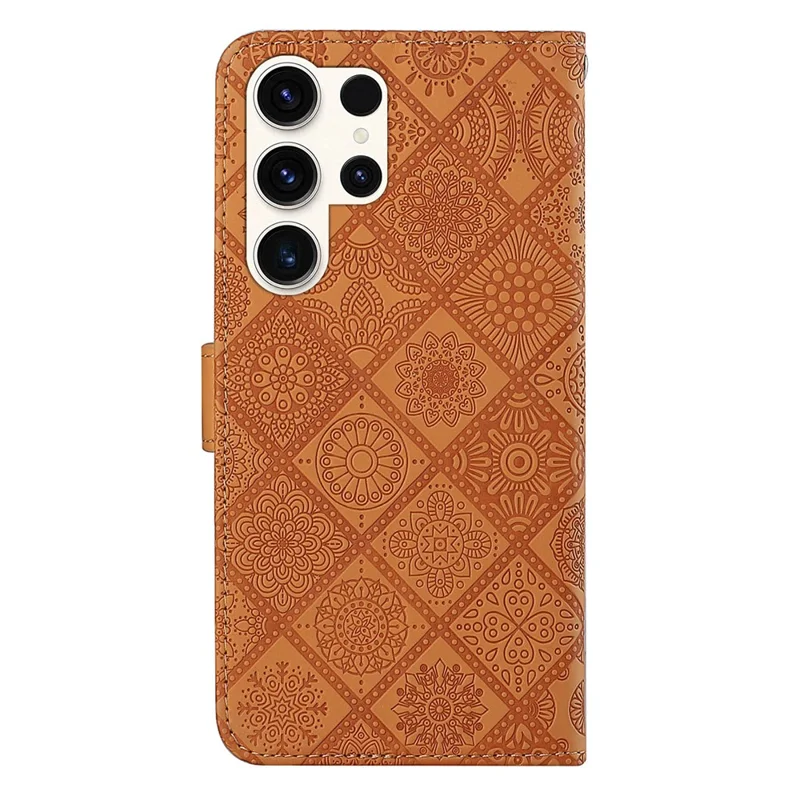 For Samsung Galaxy S26 Ultra Case Leather Case Ethnic Style Wallet Phone Cover with Strap - Brown