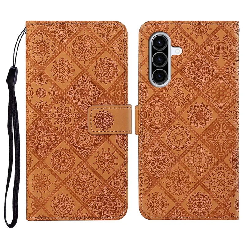For Samsung Galaxy A37 5G Case Leather Case Ethnic Style Wallet Phone Cover with Strap - Brown