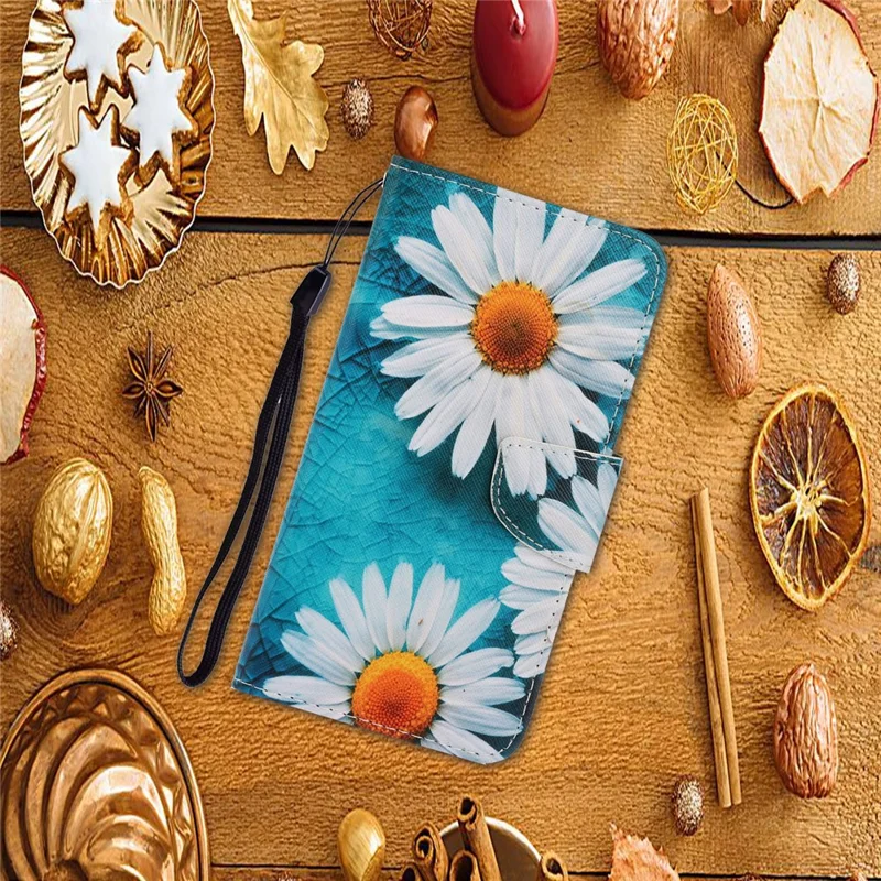 For Samsung Galaxy A37 5G Case Pattern Printing Protective Leather Folio Phone Cover with Wrist Strap - Chrysanthemum