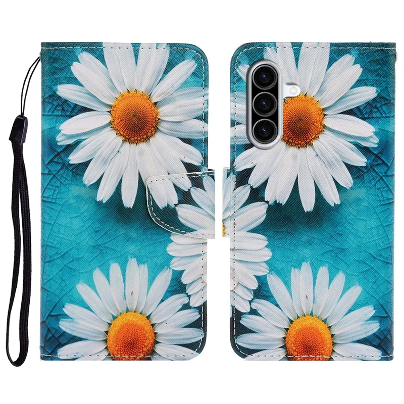 Étui pour Samsung Galaxy A57 5G avec motif imprimé, housse de protection en cuir style portefeuille avec dragonne - Chrysanthème