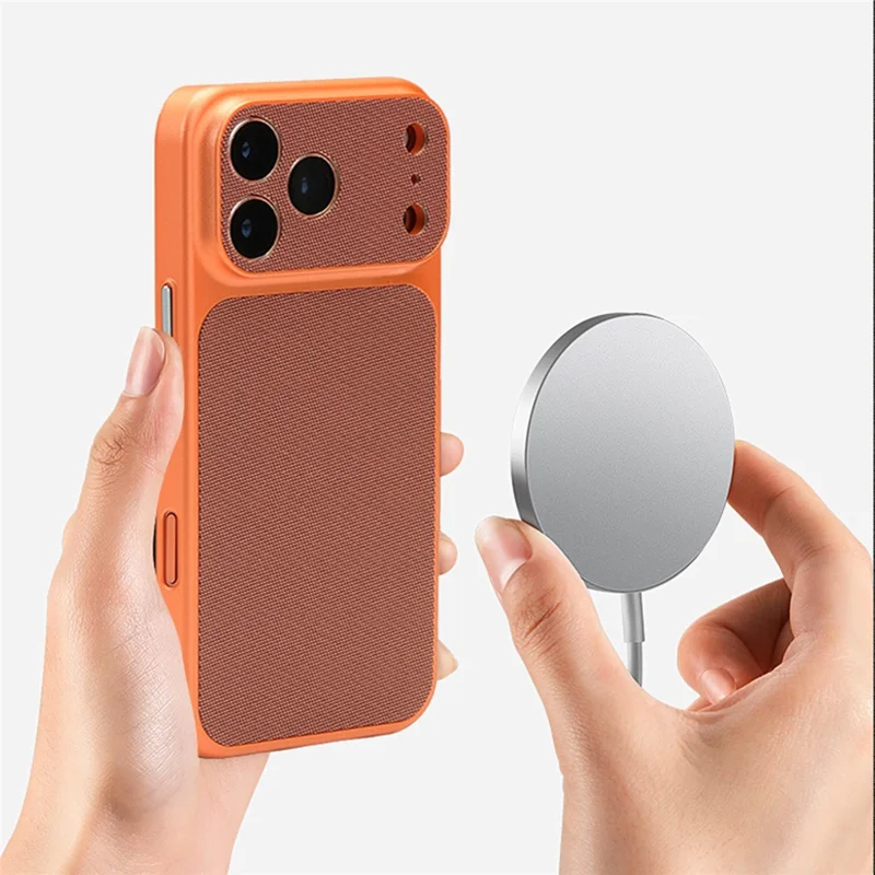 For iPhone 17 Pro Magnetic Case Fabric Texture PC Anti-Scratch Phone Cover Compatible with MagSafe - Ochre Brown