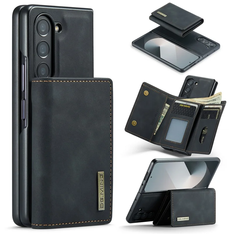 DG.MING M1 Series for Samsung Galaxy Z Fold6 5G Phone Case PU + TPU + PC Back Cover with Magnetic Tri-Fold Wallet Kickstand - Black