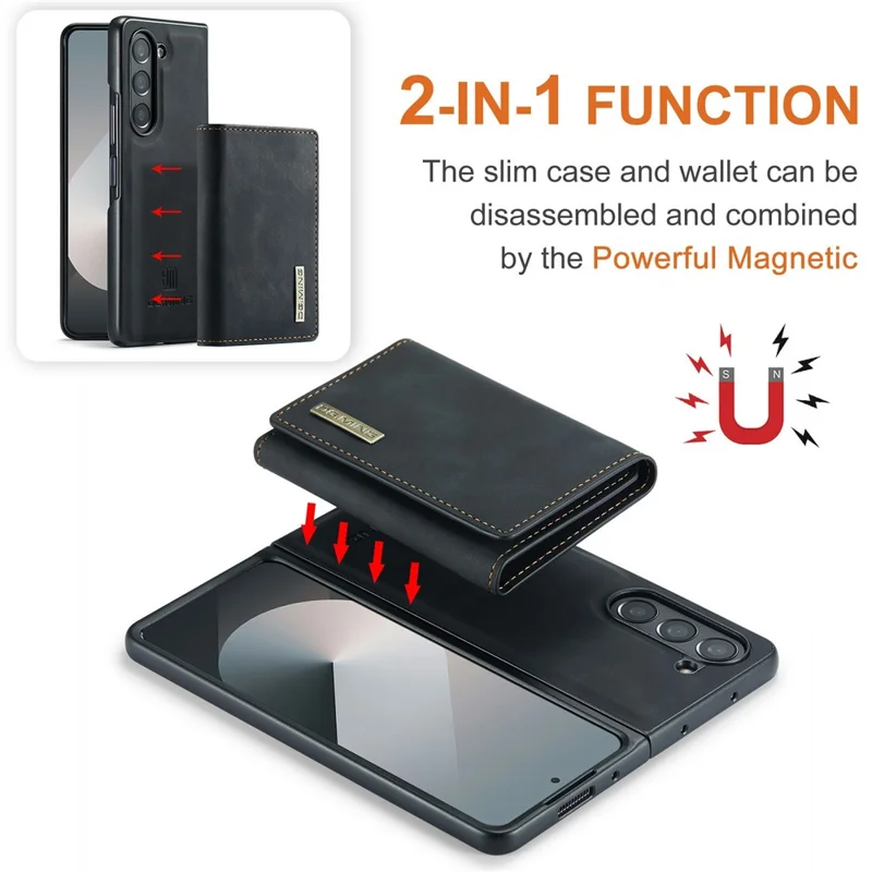 DG.MING M1 Series for Samsung Galaxy Z Fold6 5G Phone Case PU + TPU + PC Back Cover with Magnetic Tri-Fold Wallet Kickstand - Black