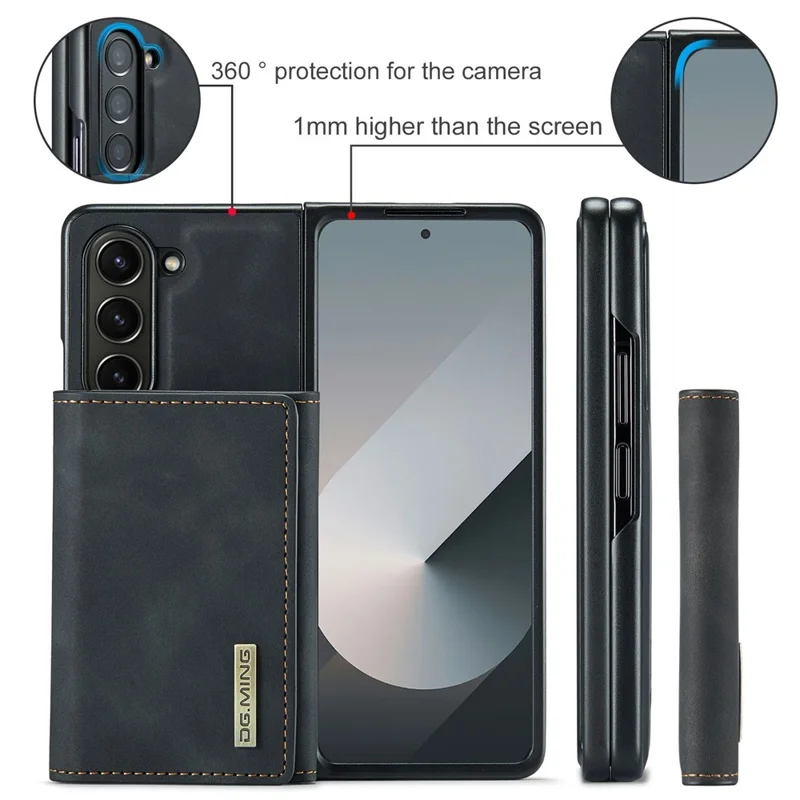 DG.MING M1 Series for Samsung Galaxy Z Fold6 5G Phone Case PU + TPU + PC Back Cover with Magnetic Tri-Fold Wallet Kickstand - Black