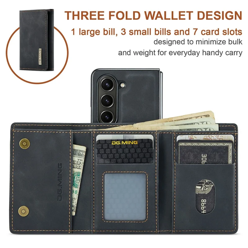 DG.MING M1 Series for Samsung Galaxy Z Fold6 5G Phone Case PU + TPU + PC Back Cover with Magnetic Tri-Fold Wallet Kickstand - Black