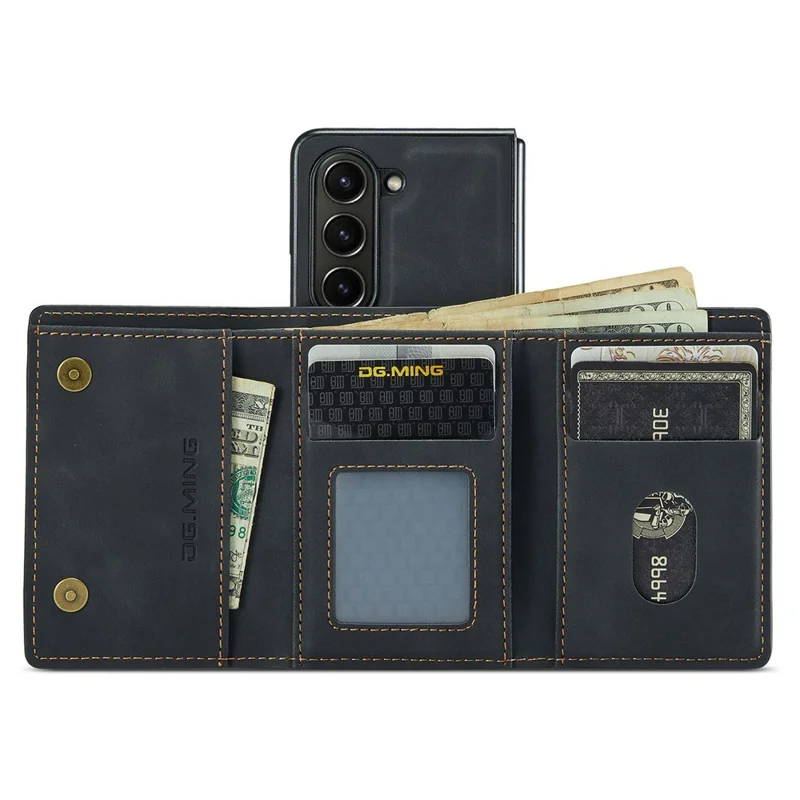 DG.MING M1 Series for Samsung Galaxy Z Fold6 5G Phone Case PU + TPU + PC Back Cover with Magnetic Tri-Fold Wallet Kickstand - Black