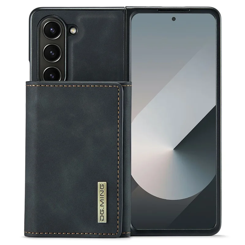DG.MING M1 Series for Samsung Galaxy Z Fold6 5G Phone Case PU + TPU + PC Back Cover with Magnetic Tri-Fold Wallet Kickstand - Black
