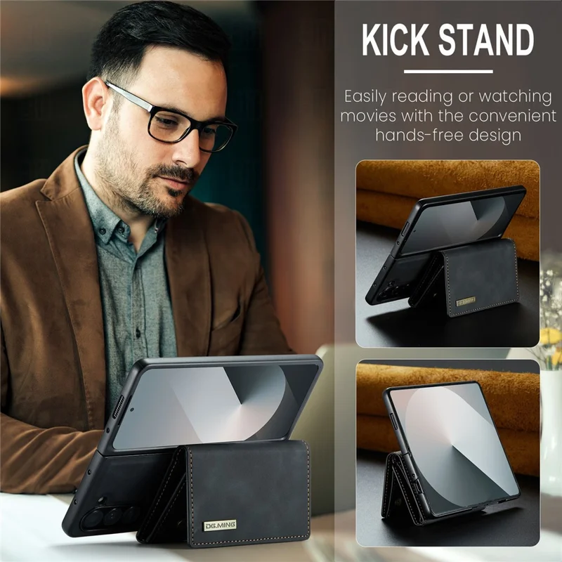 DG.MING M1 Series for Samsung Galaxy Z Fold6 5G Phone Case PU + TPU + PC Back Cover with Magnetic Tri-Fold Wallet Kickstand - Black