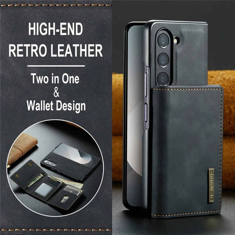 DG.MING M1 Series for Samsung Galaxy Z Fold6 5G Phone Case PU + TPU + PC Back Cover with Magnetic Tri-Fold Wallet Kickstand - Black