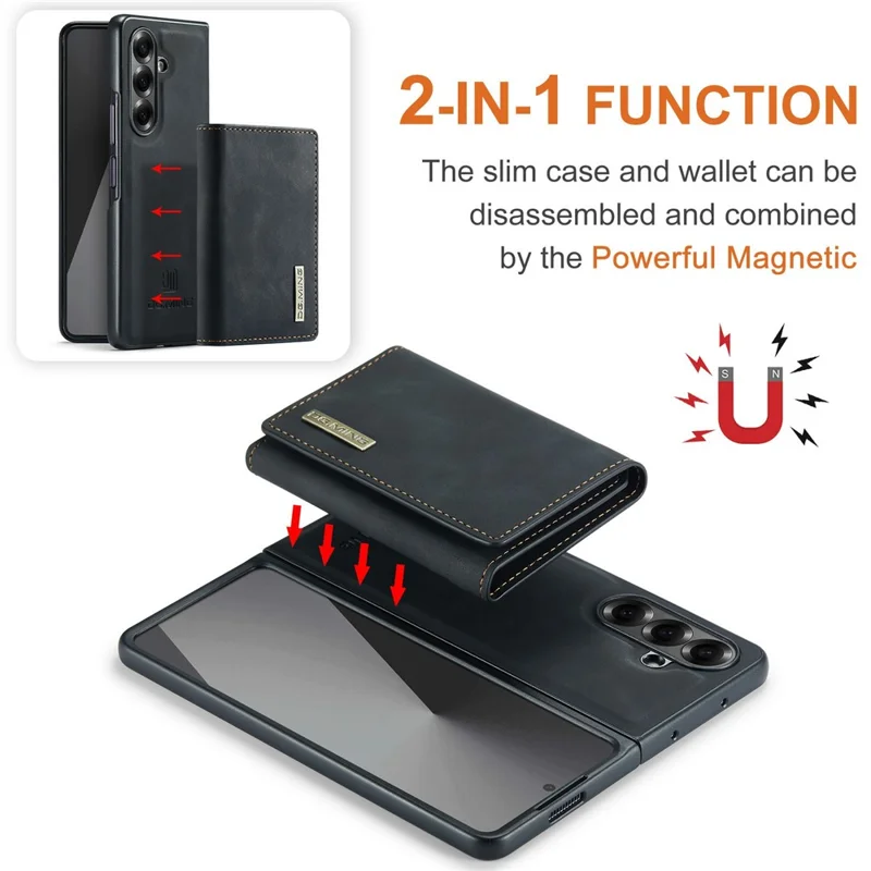 DG.MING M1 Series for Samsung Galaxy Z Fold7 5G Phone Case PU + TPU + PC Back Cover with Magnetic Tri-Fold Wallet Kickstand - Black