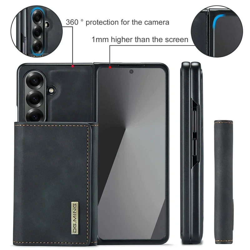 DG.MING M1 Series for Samsung Galaxy Z Fold7 5G Phone Case PU + TPU + PC Back Cover with Magnetic Tri-Fold Wallet Kickstand - Black