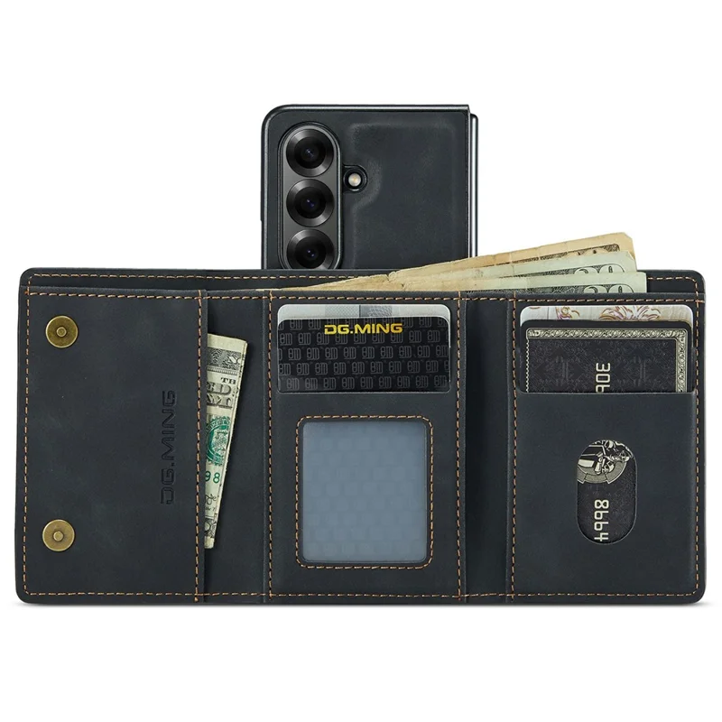 DG.MING M1 Series for Samsung Galaxy Z Fold7 5G Phone Case PU + TPU + PC Back Cover with Magnetic Tri-Fold Wallet Kickstand - Black