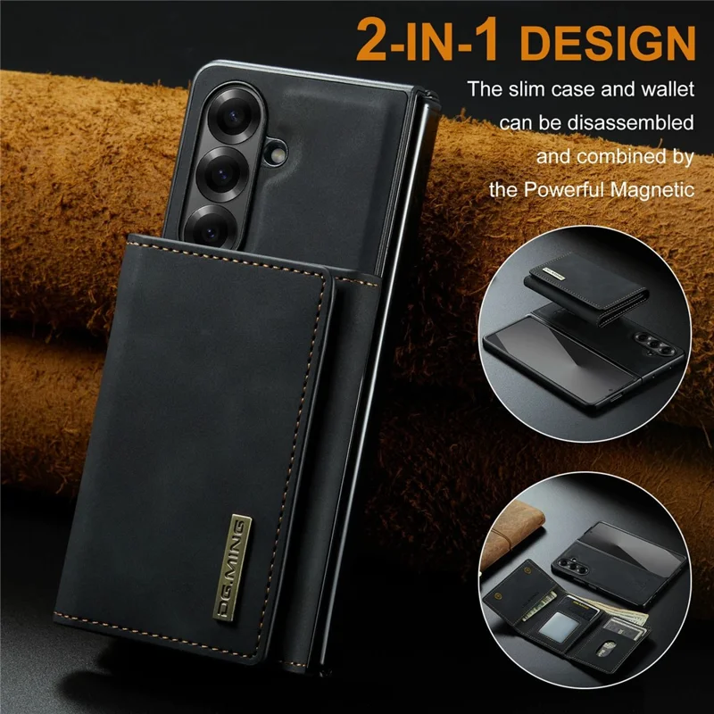 DG.MING M1 Series for Samsung Galaxy Z Fold7 5G Phone Case PU + TPU + PC Back Cover with Magnetic Tri-Fold Wallet Kickstand - Black