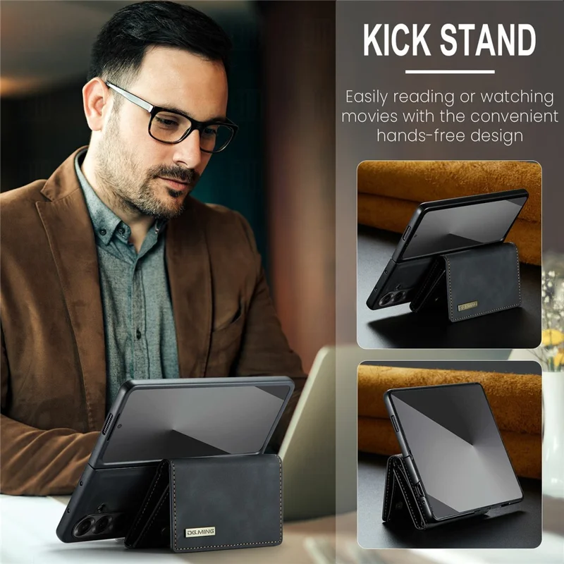 DG.MING M1 Series for Samsung Galaxy Z Fold7 5G Phone Case PU + TPU + PC Back Cover with Magnetic Tri-Fold Wallet Kickstand - Black