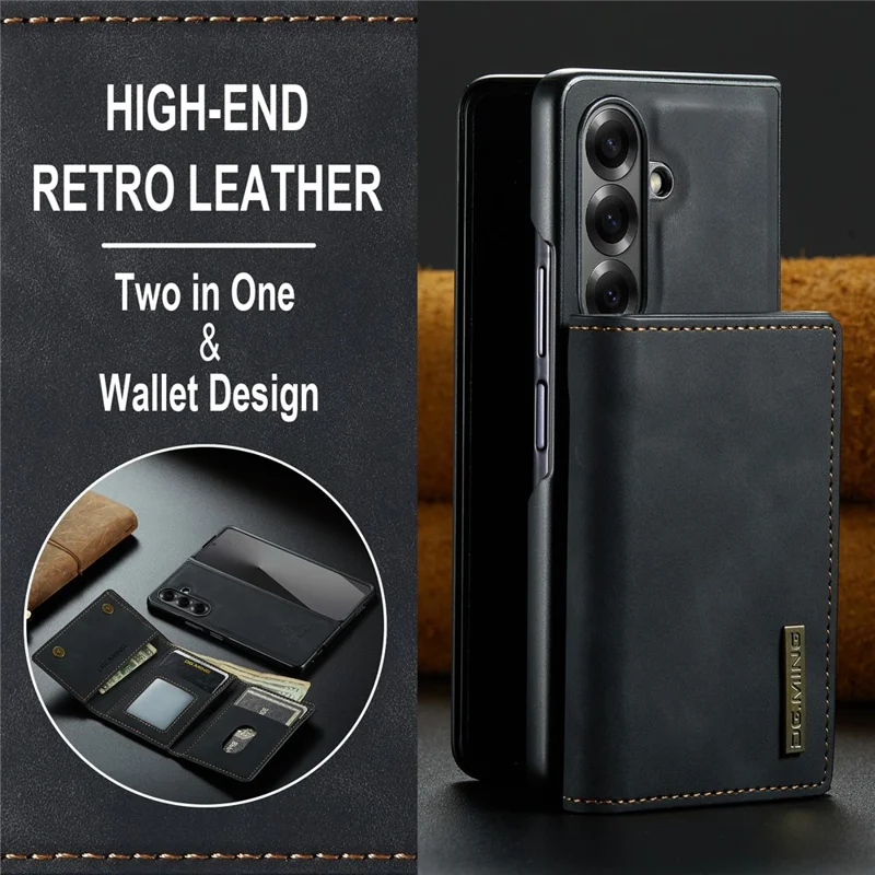 DG.MING M1 Series for Samsung Galaxy Z Fold7 5G Phone Case PU + TPU + PC Back Cover with Magnetic Tri-Fold Wallet Kickstand - Black