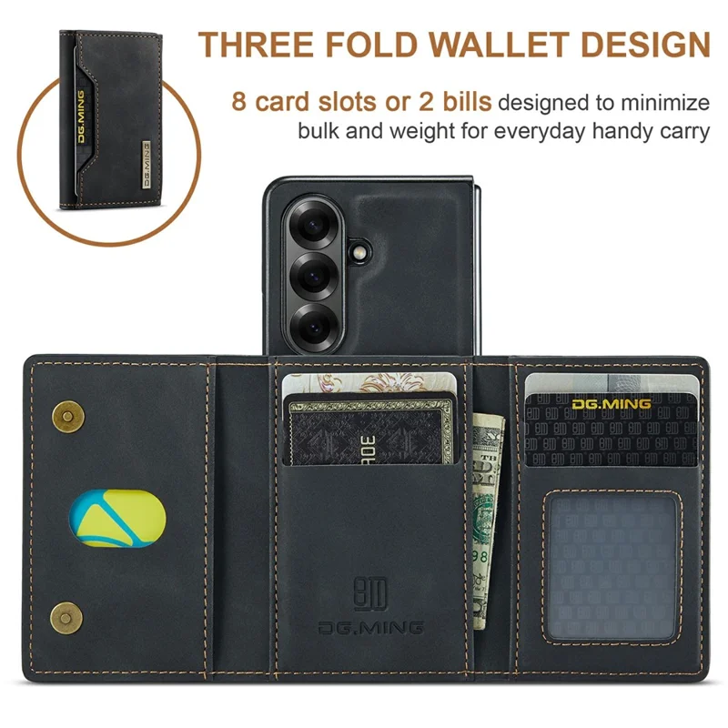 DG.MING Série M2 pour Samsung Galaxy Z Fold7 5G Étui Magnétique avec Revêtement PU + PC + TPU Coque de Téléphone avec Porte-cartes Détachable et Support - Noir