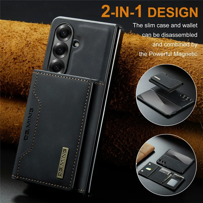 DG.MING Série M2 pour Samsung Galaxy Z Fold7 5G Étui Magnétique avec Revêtement PU + PC + TPU Coque de Téléphone avec Porte-cartes Détachable et Support - Noir