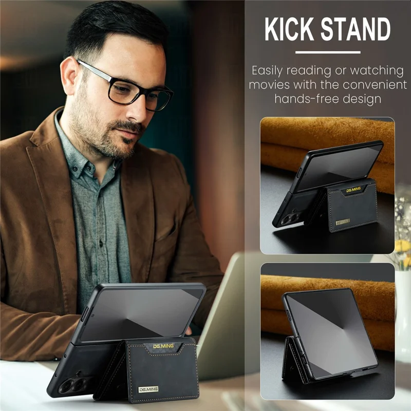 DG.MING Série M2 pour Samsung Galaxy Z Fold7 5G Étui Magnétique avec Revêtement PU + PC + TPU Coque de Téléphone avec Porte-cartes Détachable et Support - Noir