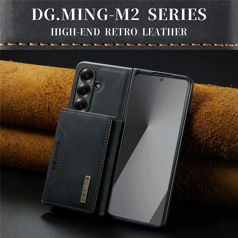 DG.MING Série M2 pour Samsung Galaxy Z Fold7 5G Étui Magnétique avec Revêtement PU + PC + TPU Coque de Téléphone avec Porte-cartes Détachable et Support - Noir
