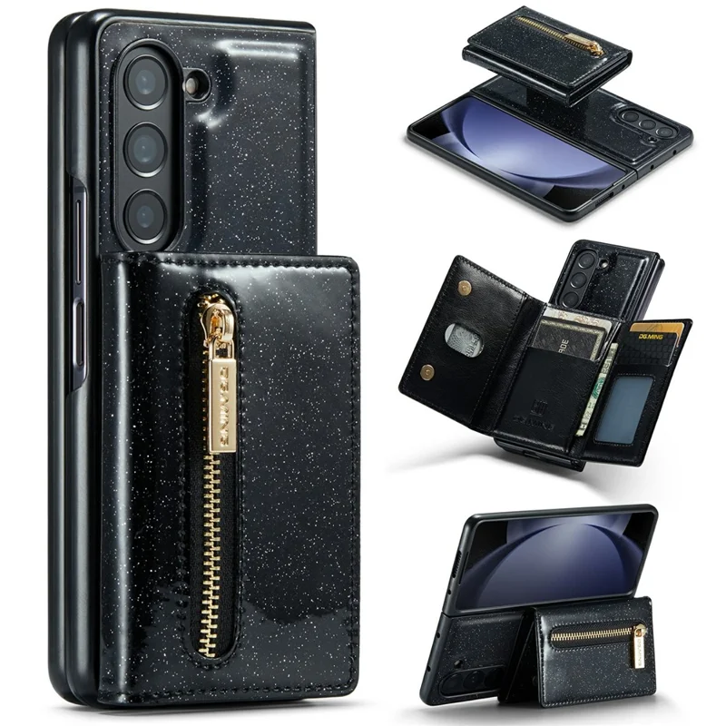 DG.MING M3 Series For Samsung Galaxy Z Fold5 5G Magnetic Case Glittery Kickstand Cover with Detachable Wallet - Black