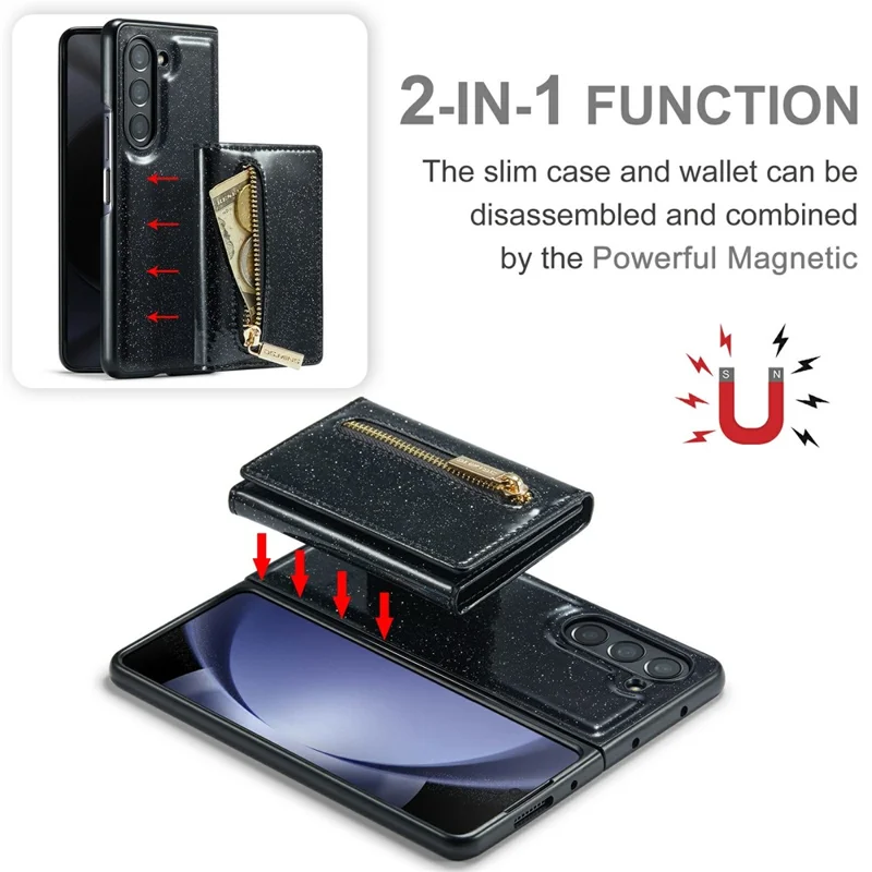 DG.MING M3 Series For Samsung Galaxy Z Fold5 5G Magnetic Case Glittery Kickstand Cover with Detachable Wallet - Black