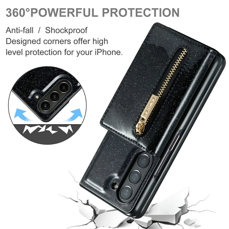 DG.MING M3 Series For Samsung Galaxy Z Fold5 5G Magnetic Case Glittery Kickstand Cover with Detachable Wallet - Black