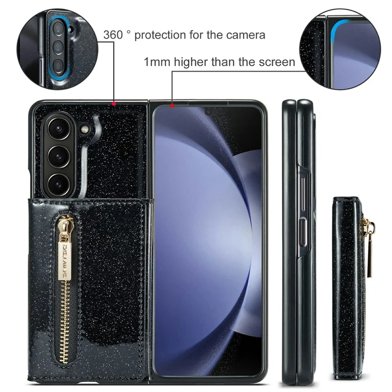 DG.MING M3 Series For Samsung Galaxy Z Fold5 5G Magnetic Case Glittery Kickstand Cover with Detachable Wallet - Black