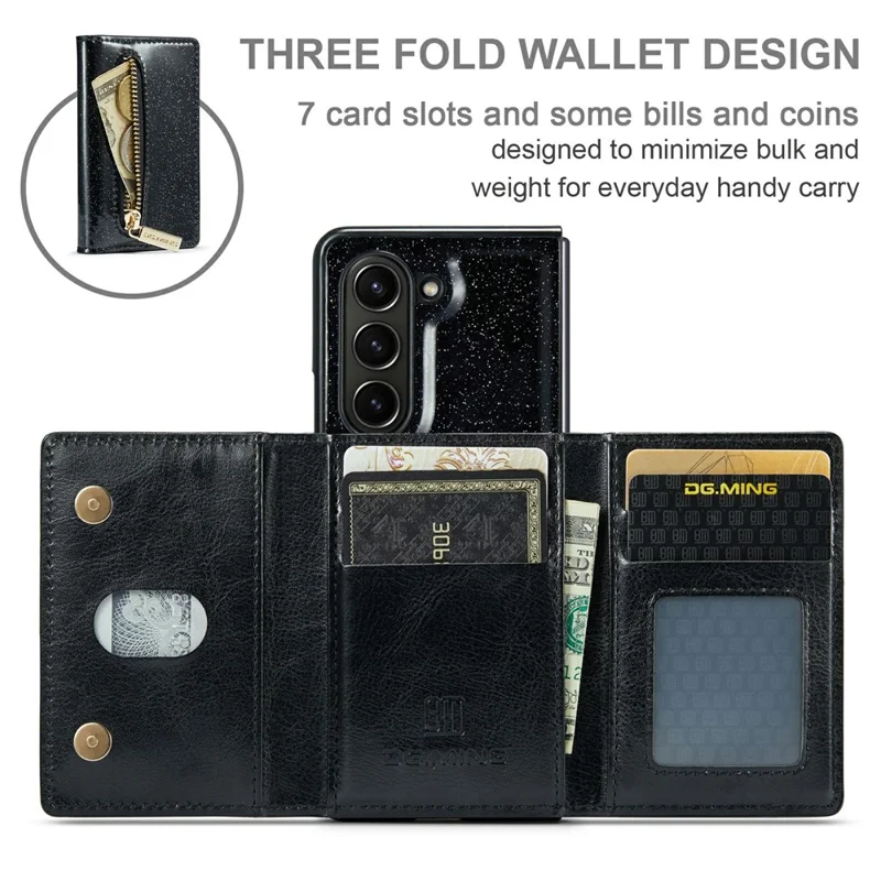DG.MING M3 Series For Samsung Galaxy Z Fold5 5G Magnetic Case Glittery Kickstand Cover with Detachable Wallet - Black