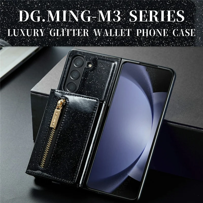 DG.MING M3 Series For Samsung Galaxy Z Fold5 5G Magnetic Case Glittery Kickstand Cover with Detachable Wallet - Black