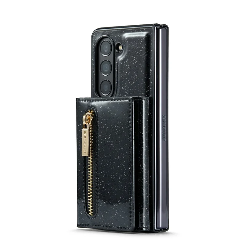DG.MING M3 Series For Samsung Galaxy Z Fold5 5G Magnetic Case Glittery Kickstand Cover with Detachable Wallet - Black
