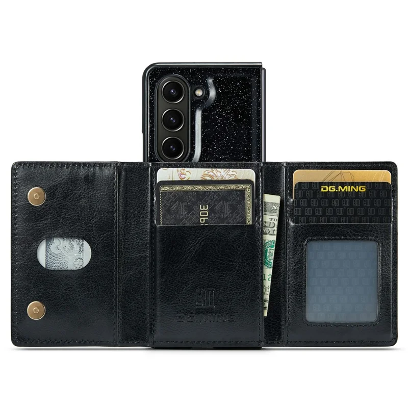 DG.MING M3 Series For Samsung Galaxy Z Fold5 5G Magnetic Case Glittery Kickstand Cover with Detachable Wallet - Black