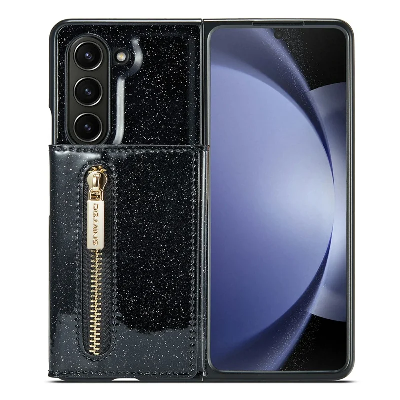 DG.MING M3 Series For Samsung Galaxy Z Fold5 5G Magnetic Case Glittery Kickstand Cover with Detachable Wallet - Black