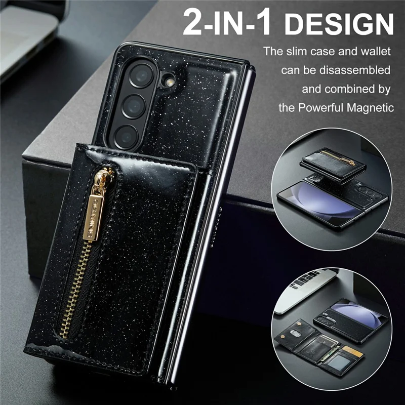 DG.MING M3 Series For Samsung Galaxy Z Fold5 5G Magnetic Case Glittery Kickstand Cover with Detachable Wallet - Black