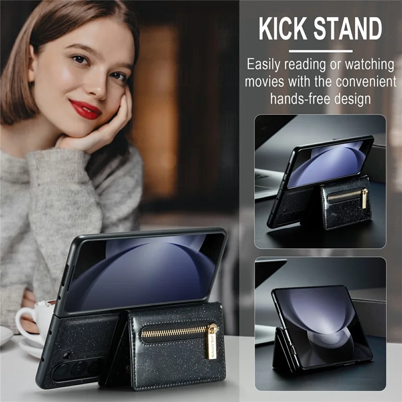 DG.MING M3 Series For Samsung Galaxy Z Fold5 5G Magnetic Case Glittery Kickstand Cover with Detachable Wallet - Black